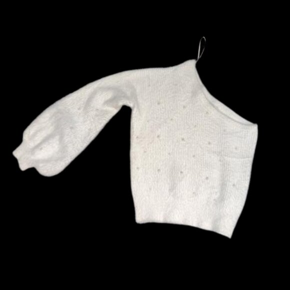 Forever 21 One-Shoulder White Fuzzy Sweater with Pearl Embellishments – Size XL - Picture 1 of 2